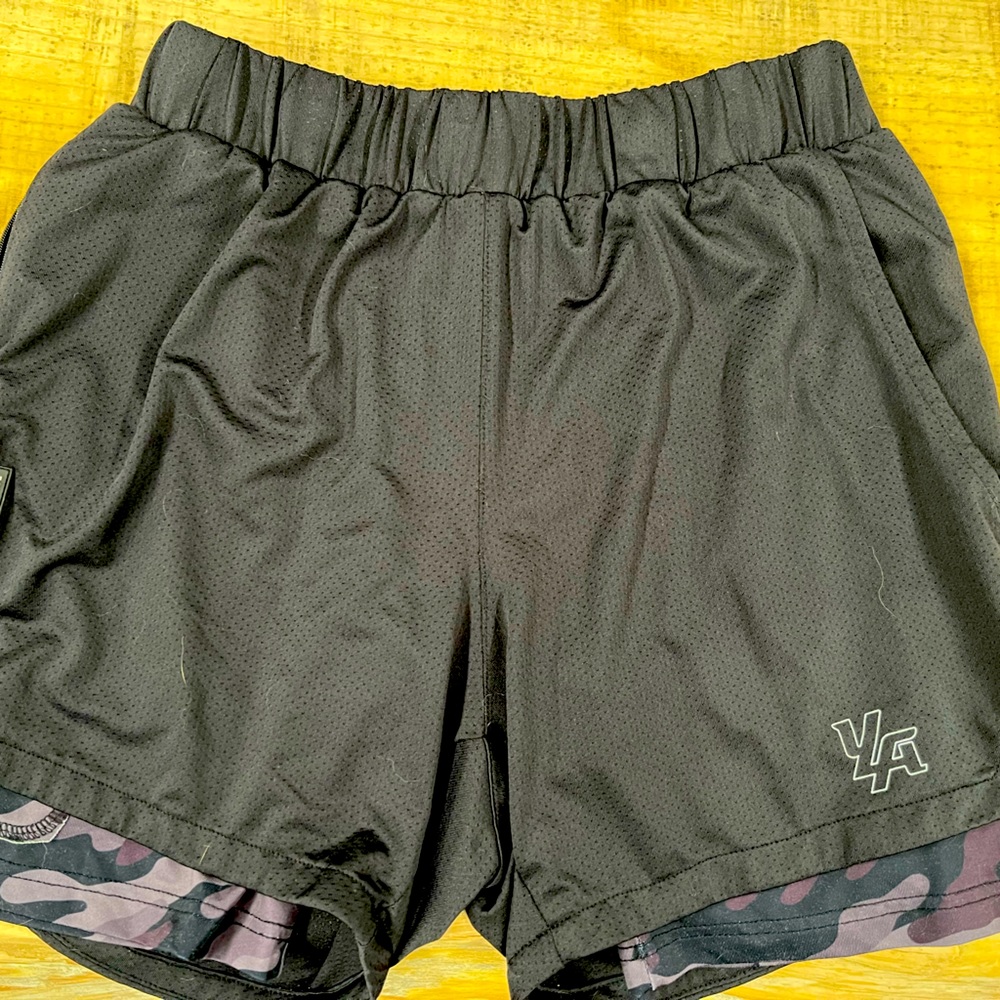 YoungLA gym shorts with black camo compression liner